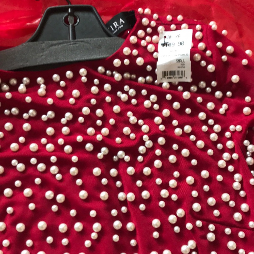 AKIRA Red Covered in pearls midi dress,S!!RARE!NWT - Picture 7 of 7